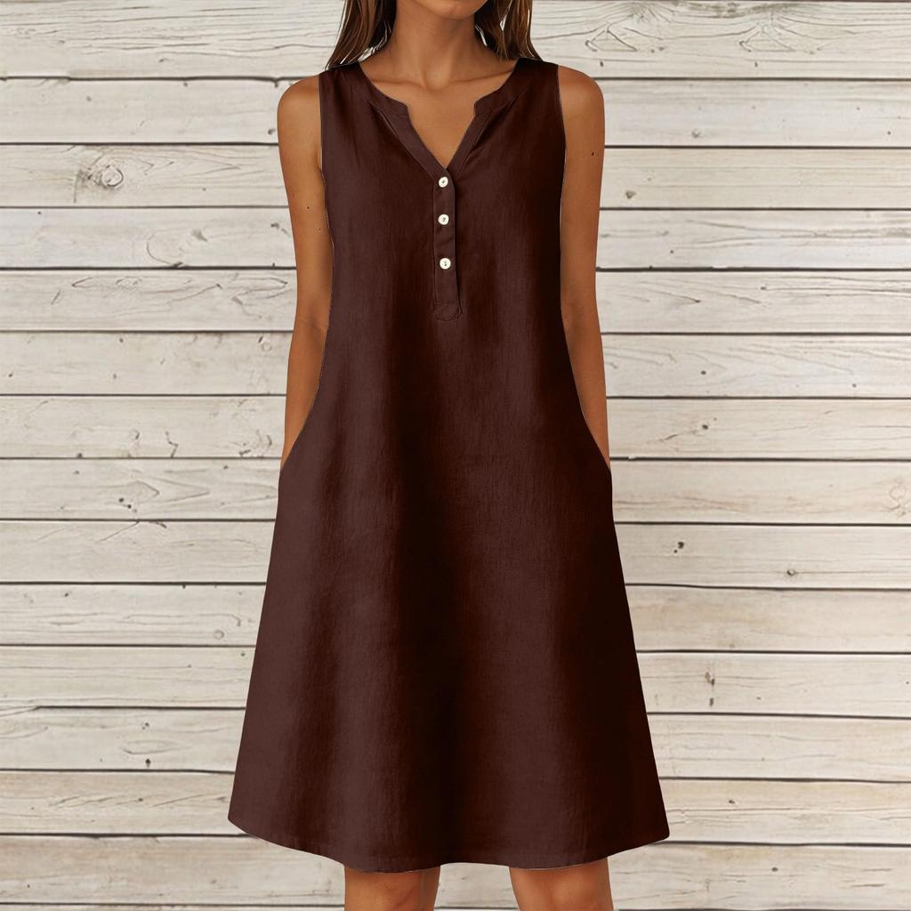Women's Summer Casual V-neck Button Color Sleeveless Long Dress With Pockets