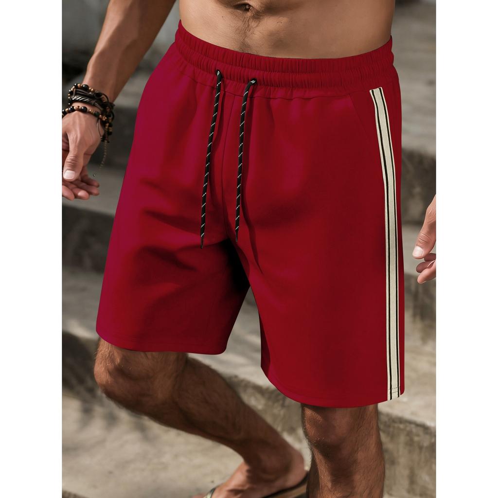 Men's Casual Waffle Knit Elastic Waist Breathable Five Inch Shorts with Side Stripe Panel and Drawstring Closure