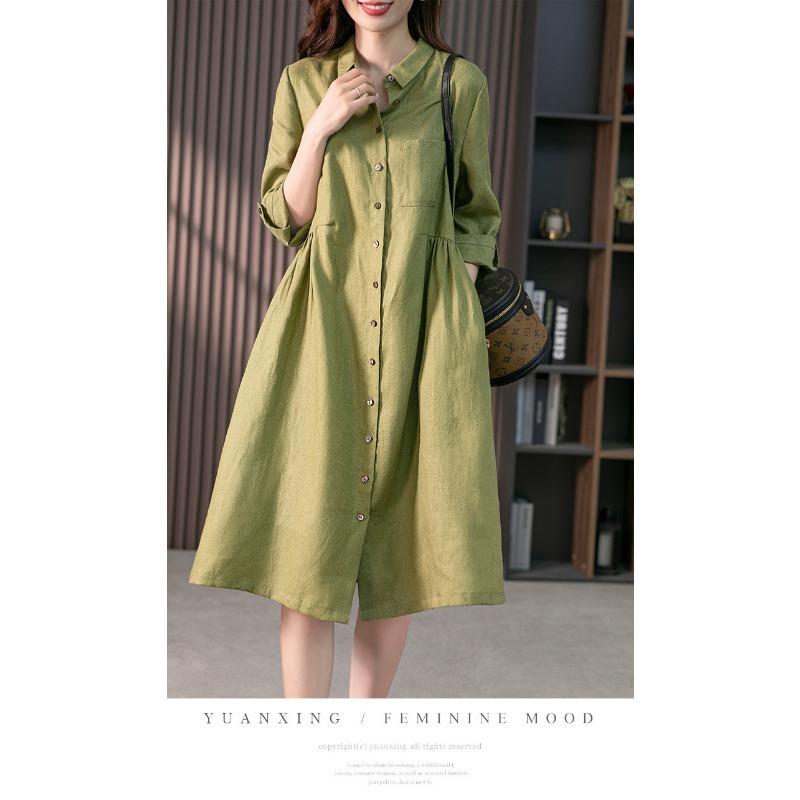 Elegant Linen Shirtdress Design for A Slim Solid Color Dress for Spring and Fall
