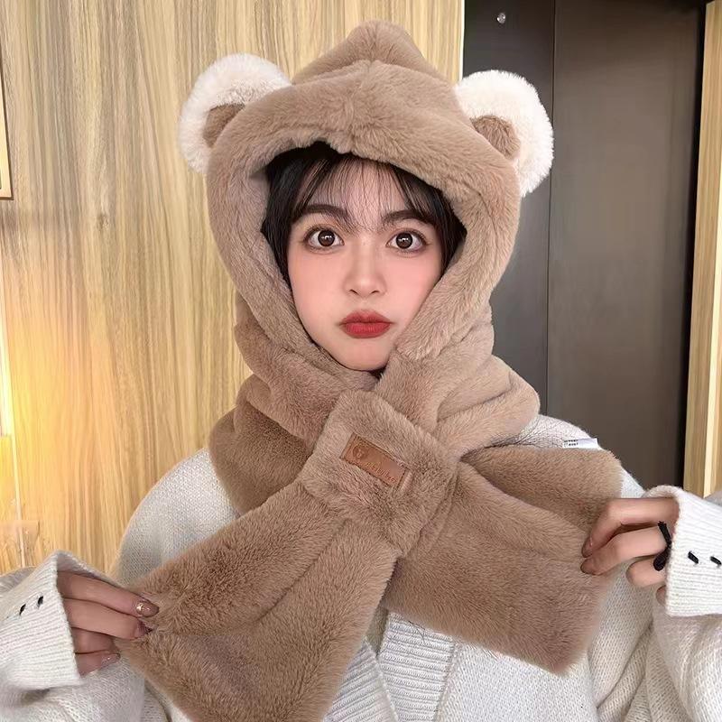 Lei Feng Hat Cold Proof and Warm Plush Bear Hat  Scarf One Piece Hat  Winter Scarf Two Piece Set Cycling One Piece Hat