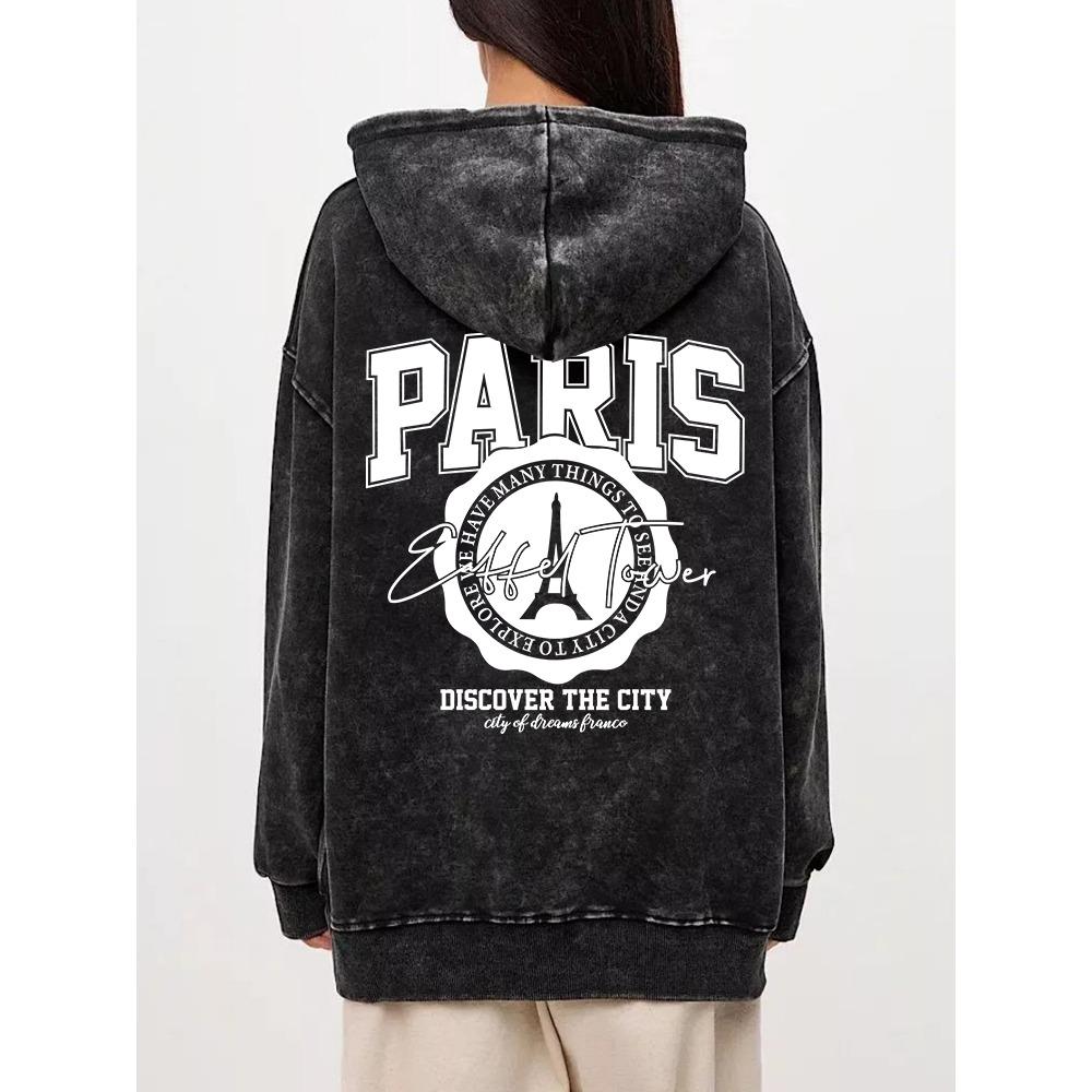 Cotton Womans Acid Wash Hoodies Paris Discover The City Printing Streetwear Oversize Pocket Warm Pullovers Clothes