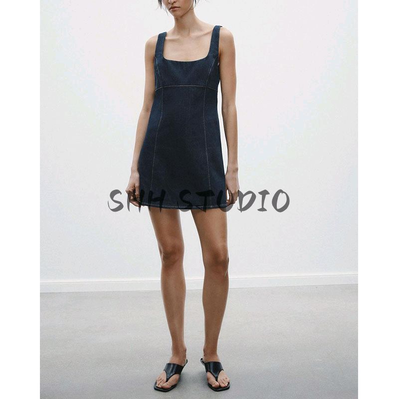 Spring New Women Clothes Comfortable and Versatile Sleeveless Square Collar Wide Shoulder Strap Short Demin Dress 6929085