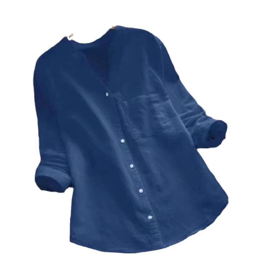 2022 Women's Cotton Linen Casual Loose Long Sleeve Top - Plus Size Solid Color