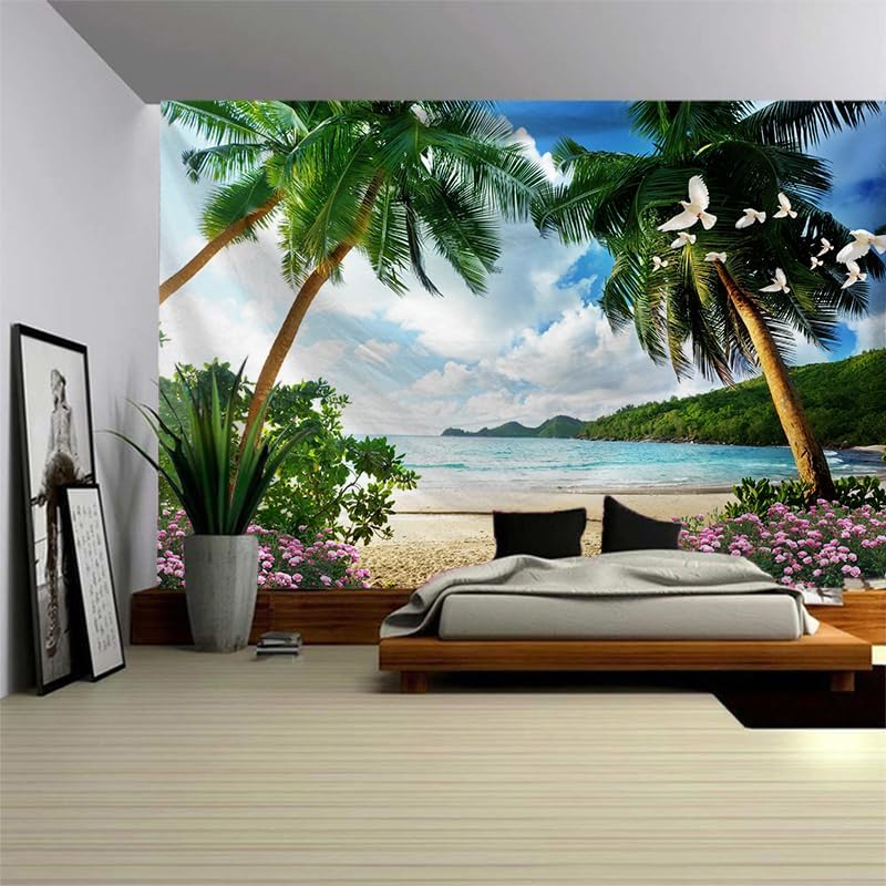 Ocean Beach Tapestry Wall Hanging Tropic Paradise Beach Wall Decor Hawaii Tapestries Flower Palm Tree Tapestry For Bedroom