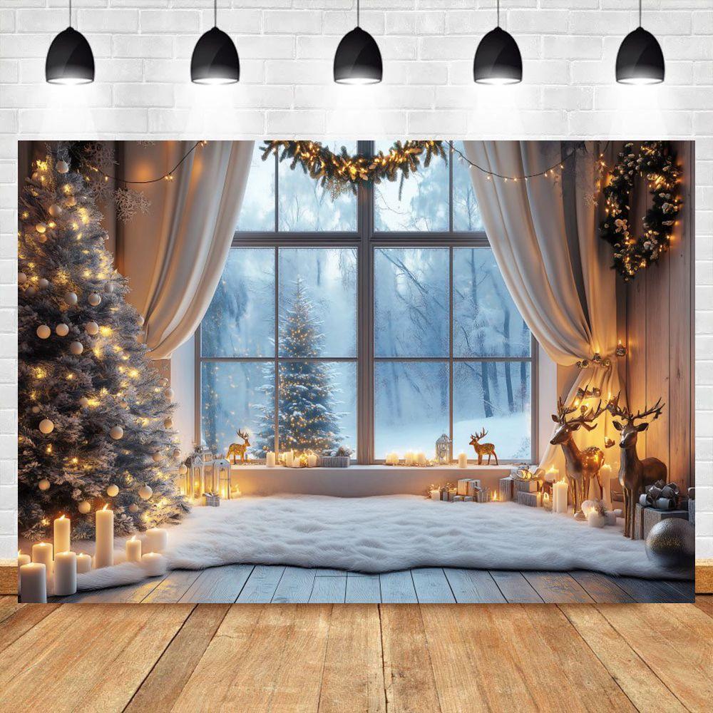 Christmas Elk Decoration 2025 Backgrounds For Photographs Window Curtains Christmas Tree Gift Box Family Party Portrait Backdrop