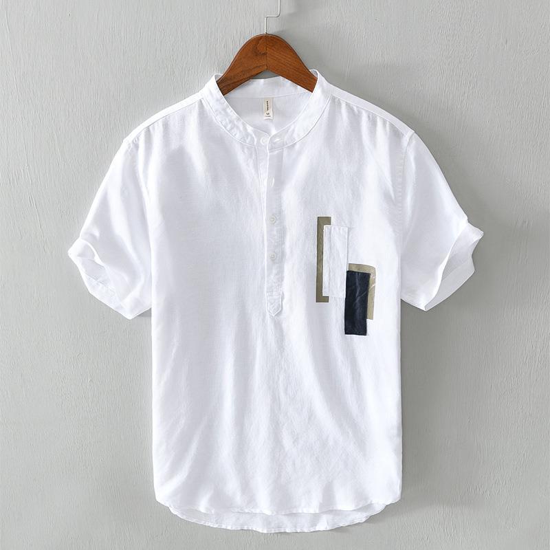 Summer Fashion Short Sleeve Shirts Daily Casual Men Tops Stitching Stand Collar Pullovers Shirt Youth Cotton Linen Breathable Men Clothing