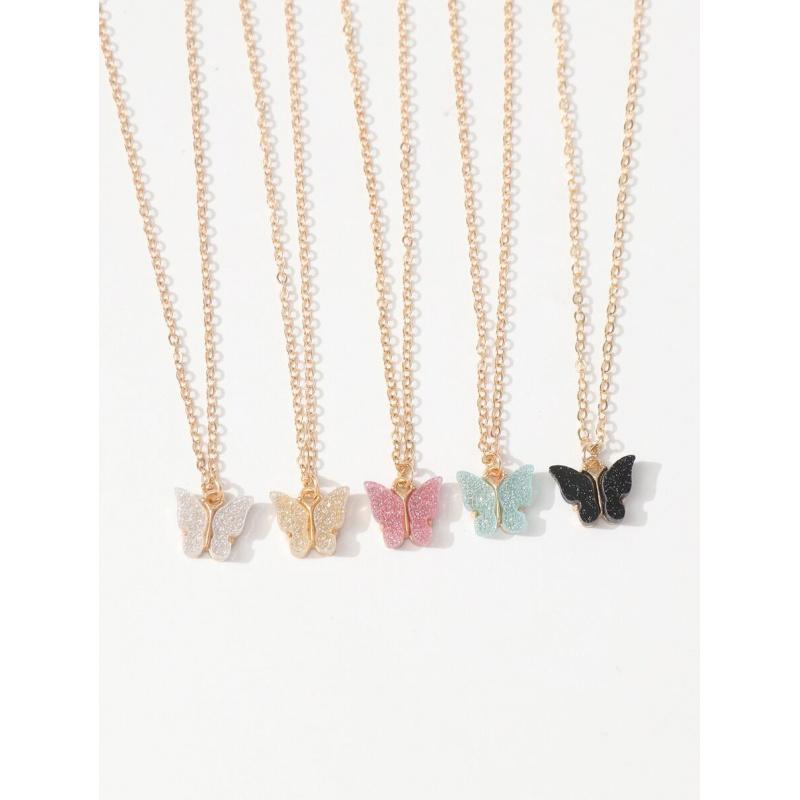 5pcs Fashionable Minimalist Chain Cute Glitter Butterfly Pendant Necklace Set For Women, Versatile Daily Accessory