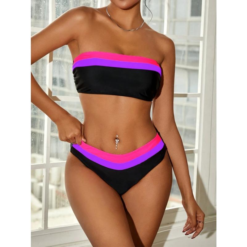 Sexy Bandeau Bikini 2025 Women Black Patchwork Striped Push Up High Waist Swimsuit Summer Bathing Suit 2 Piece Swimwear Biquini