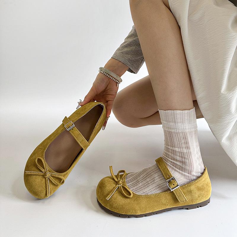Spring 2025 New Flat Bottom Mary Jane Shoes with Bow Women's French Round Head Ballet Style Single Shoes