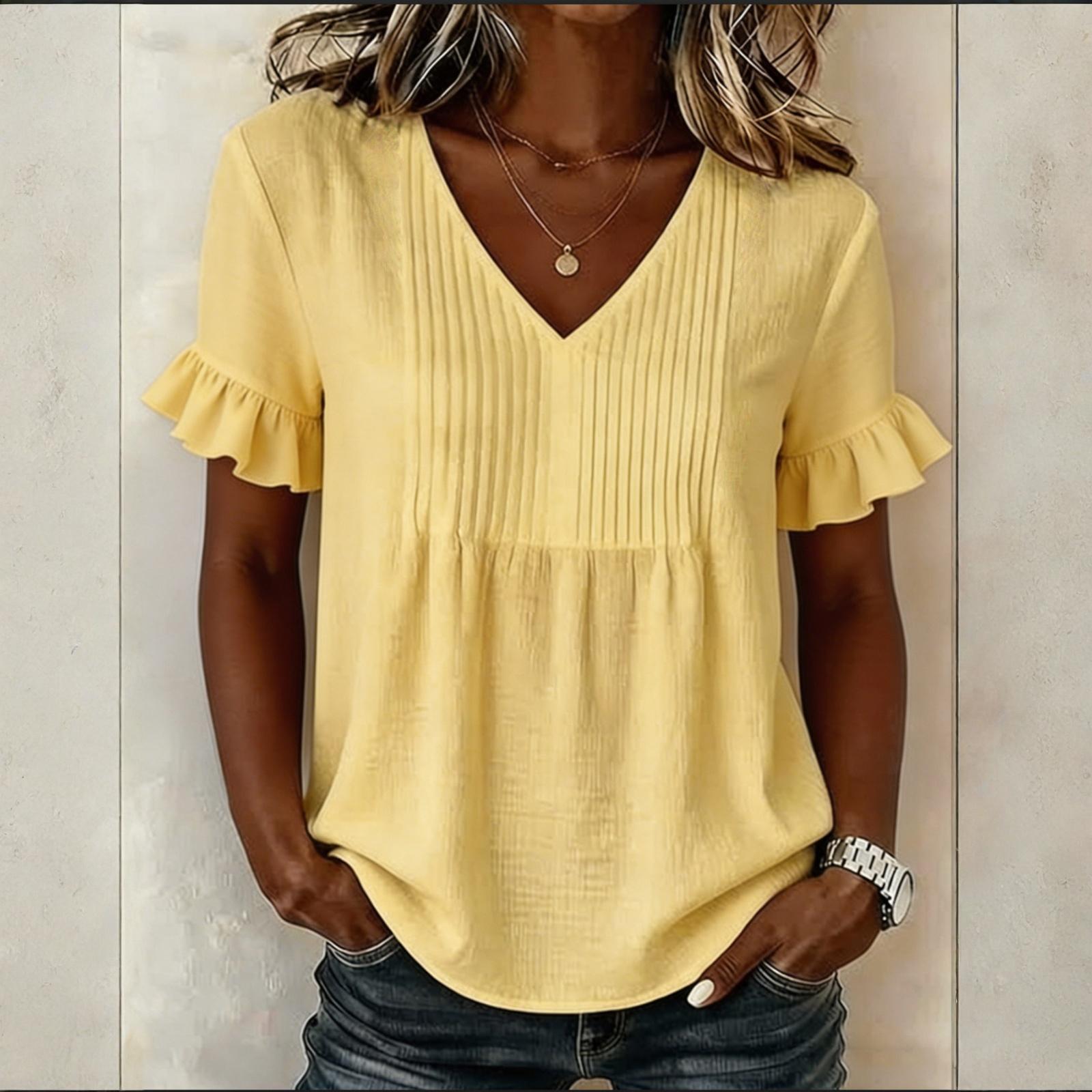 

Women s Pleated Loose Color V-Neck Fashionable Bell Sleeve Top XXL жёлтый