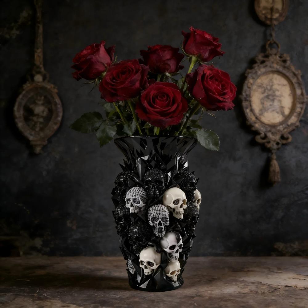 3D Skull Decorative Vase, Black Resin Flower Holder, Gothic Home Decor, Halloween Table Centerpiece, Unique Gift for Alternative