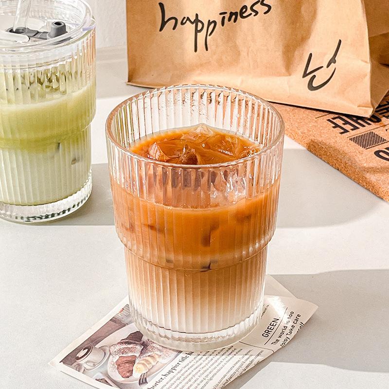 Vertical Striped Coffee Cup Ice Latte Cup Wind, High Value Straw Cup With Lid Household Water Cup Glass