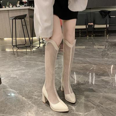 Fashion Summer Mesh Boots Women Pointed Knee High Boots Women's All-Matching Chunky Heel Shoes High Heel Boot 2024 New Western Sandals