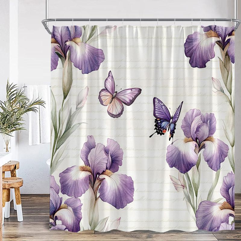 Floral Butterfly Shower Curtains Vintage Paris Tower Butterflies Watercolour Pink Purple Flowers Bath Curtain Bathroom Decor Set