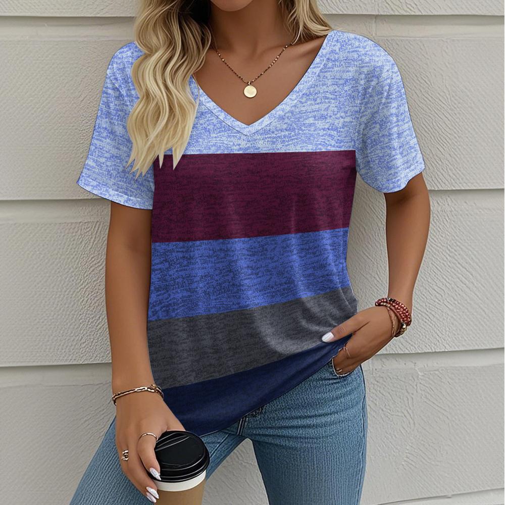 Camiseta de Verano para Mujer Estampado de Rayas Moda Retro al Aire Libre Casual Oversize Cuello en V Y2k Manga Corta Ropa para Mujer