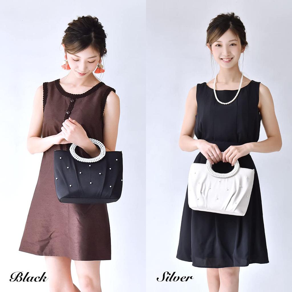 2way Pearl Handle Party Bag Wedding Large Beaded Tote Silver [PLEX] Women's