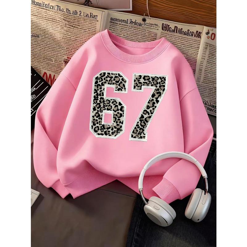 Unisex Kids Sweatshirt, White Stitch Leopard Print Number 67 Long Sleeve Pullover, Boys Girls Casual Birthday Sweatshirt For Kids Over 4 Years Old