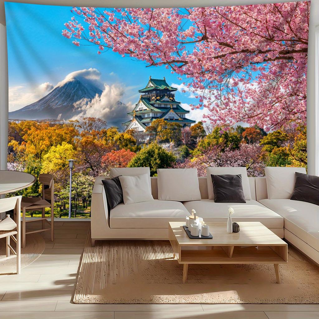 Osaka Castle Cherry Blossom Tapestry, Mt Fuji Landscape Wall Hanging, Japanese Scenery Home Decor For Bedroom Living Room