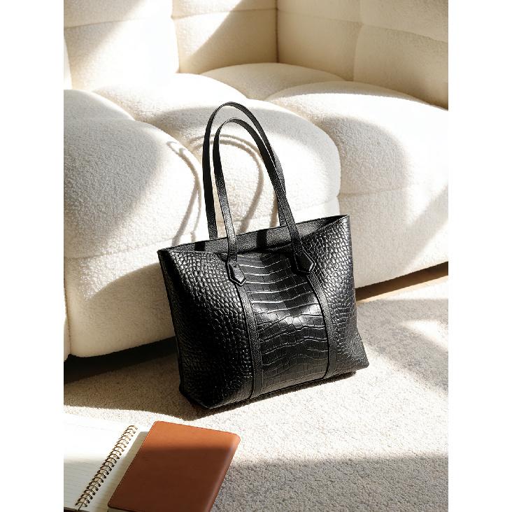 Genuine Leather Crocodile Pattern Bag Large Capacity Women's New Versatile Casual Shoulder Bag High-End Tote Bag