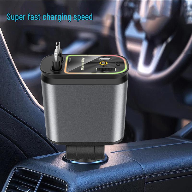 Starry Sky Multi-Function Car Charger: Dual Retractable Cables & Projector Light.
