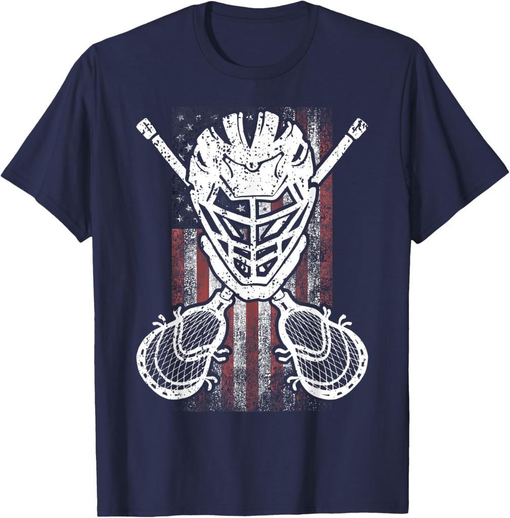 Lacrosse Goalie American Flag Graphic Tee Distressed Design Casual Cotton TShirt