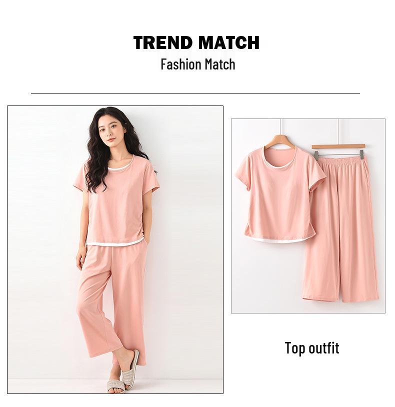 2026 Ultra-Soft Women's Summer Pajamas with Built-in Bra Pads, Short Sleeve & Long Pants, Fake Two-Piece Design