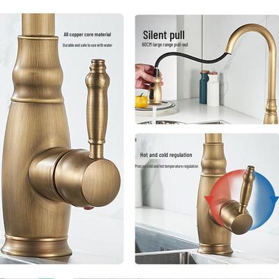 Elegante Torneira de Cozinha em Latão Estilo Europeu com Bico Extensível para Água Quente e Fria