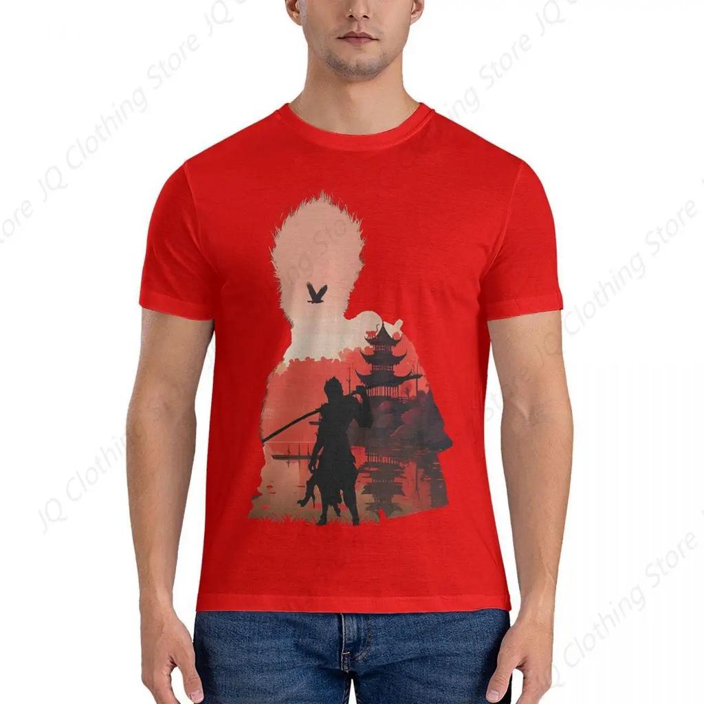 Men Negative Illusion Photographic Print T Shirts Black Myth Wukong Pure Cotton Clothing Cool Short Sleeve Round Neck