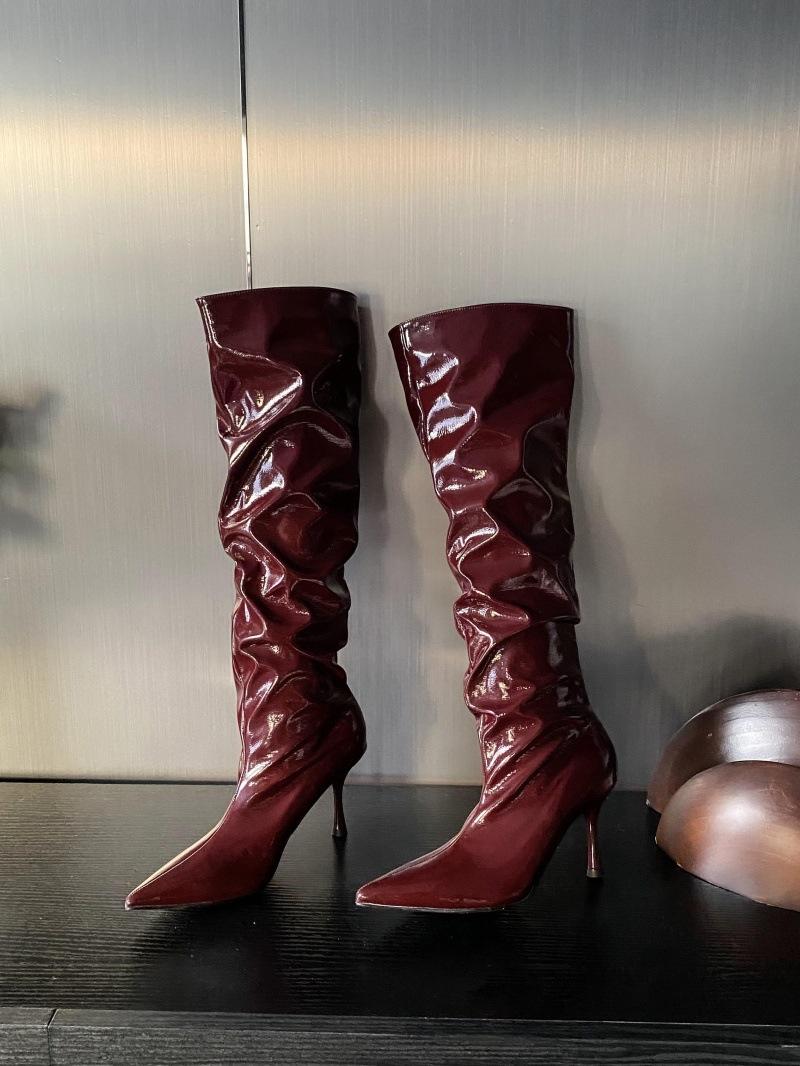 

2025 новые французские ретро остроносые плиссированные присборенные ботфорты женские тонкий каблук высокий каблук высокие сапоги женские универсальные модные сапоги женские сапоги 40 красный