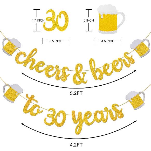 Cheers & Beers to 30 Years Gold Glitter Banner - 30th Birthday Decorations for Him/Her - 30th Birthday Gifts - 30 Years Anniversary Decorations -