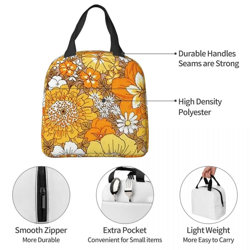 Orange And Yellow Flowers Pattern Insulated Lunch Bag for Women Children Leakproof Food Boxes Thermal Lunch Box Tote