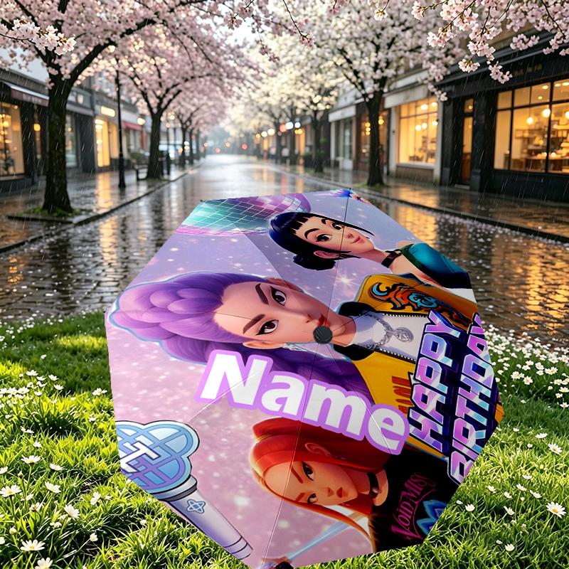 Custom Name Personalized KPop Hunters Print Umbrella, Auto Open Close, 8‑Rib Sturdy Frame, Commute Camping Hiking Use, Birthday Gift
