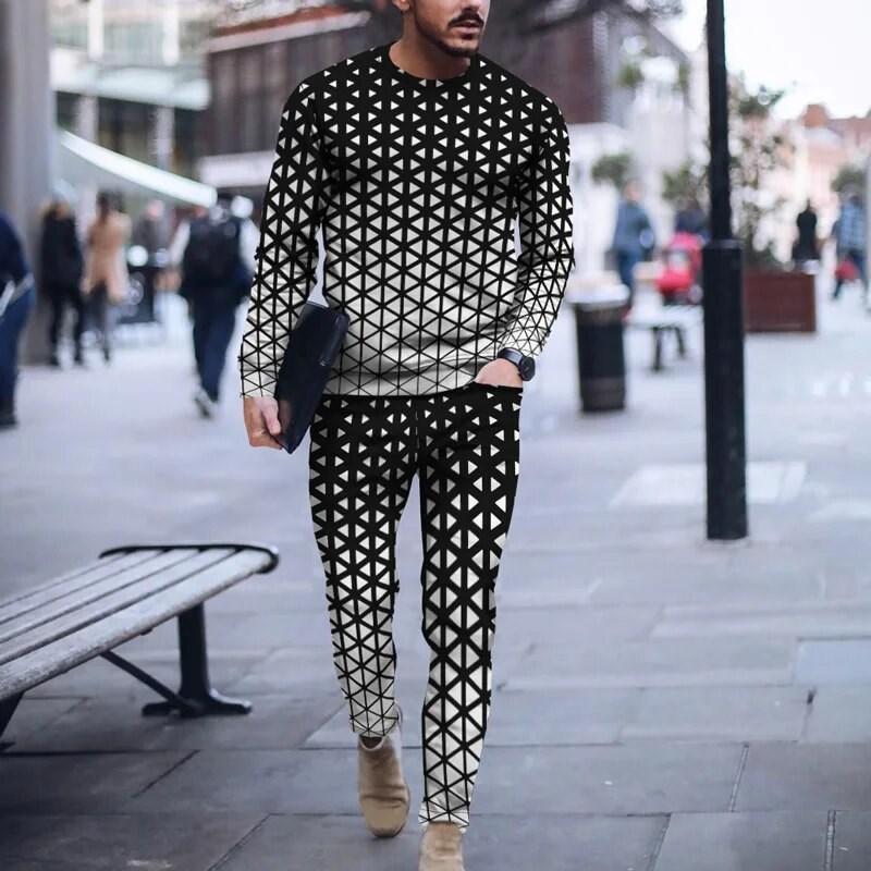 

Новая мужская футболка с длинным рукавом, двухсекционный европейский шарм, 3D-принт, популярный уличный костюм, свободный размер S-3XL 4XL