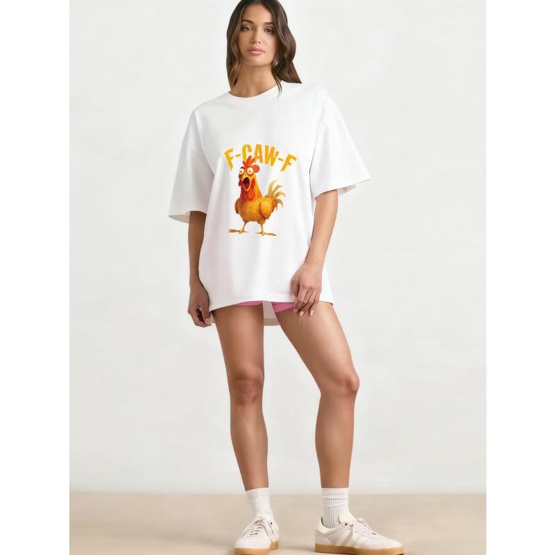 Oversize T-shirt Czarny F Caw F Nadruk z Kogutem Codzienne Ubranie dla Kobiet Letnia Streetwear Modny Top