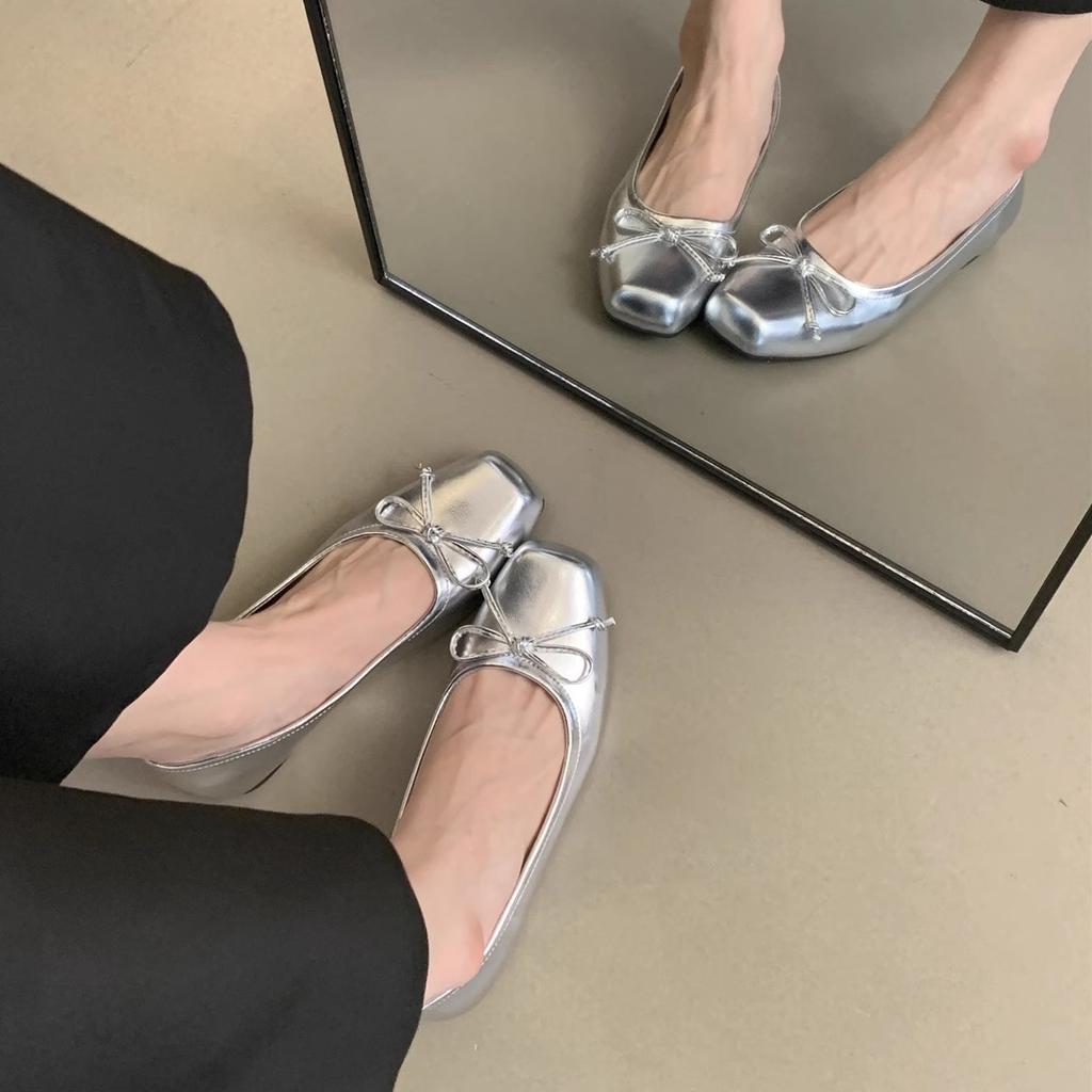 French Silver Retro Square Head Light Mouth Low Heel Single Shoes Women's Summer 2025 New with Skirt Versatile Mary Jane Shoes