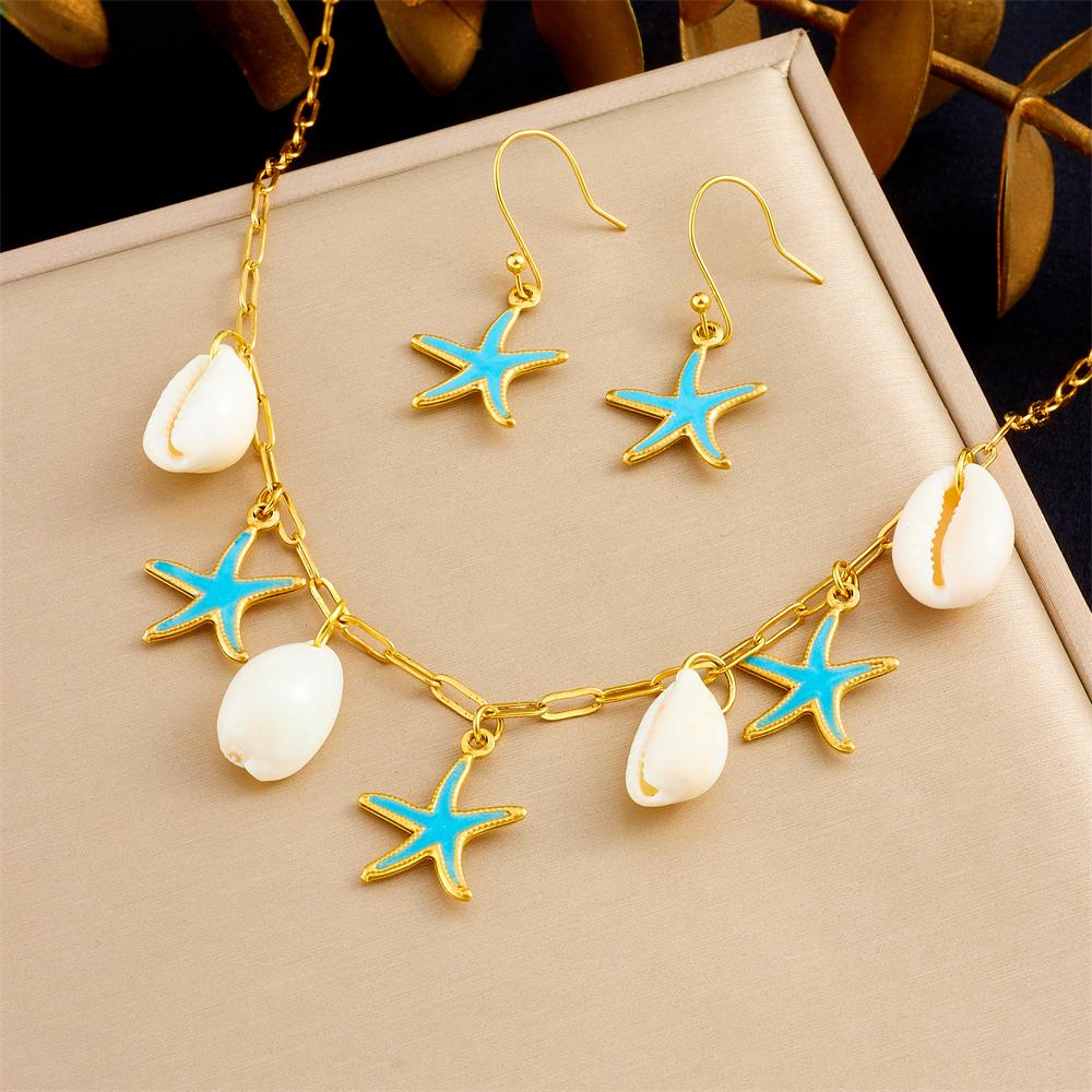 

DIEYURO 316L Нержавеющая сталь Синяя эмаль Морская звезда Ракушка Подвеска Ожерелье Серьги Набор Женский Новый тренд Водонепроницаемый Циркон Подарочный набор