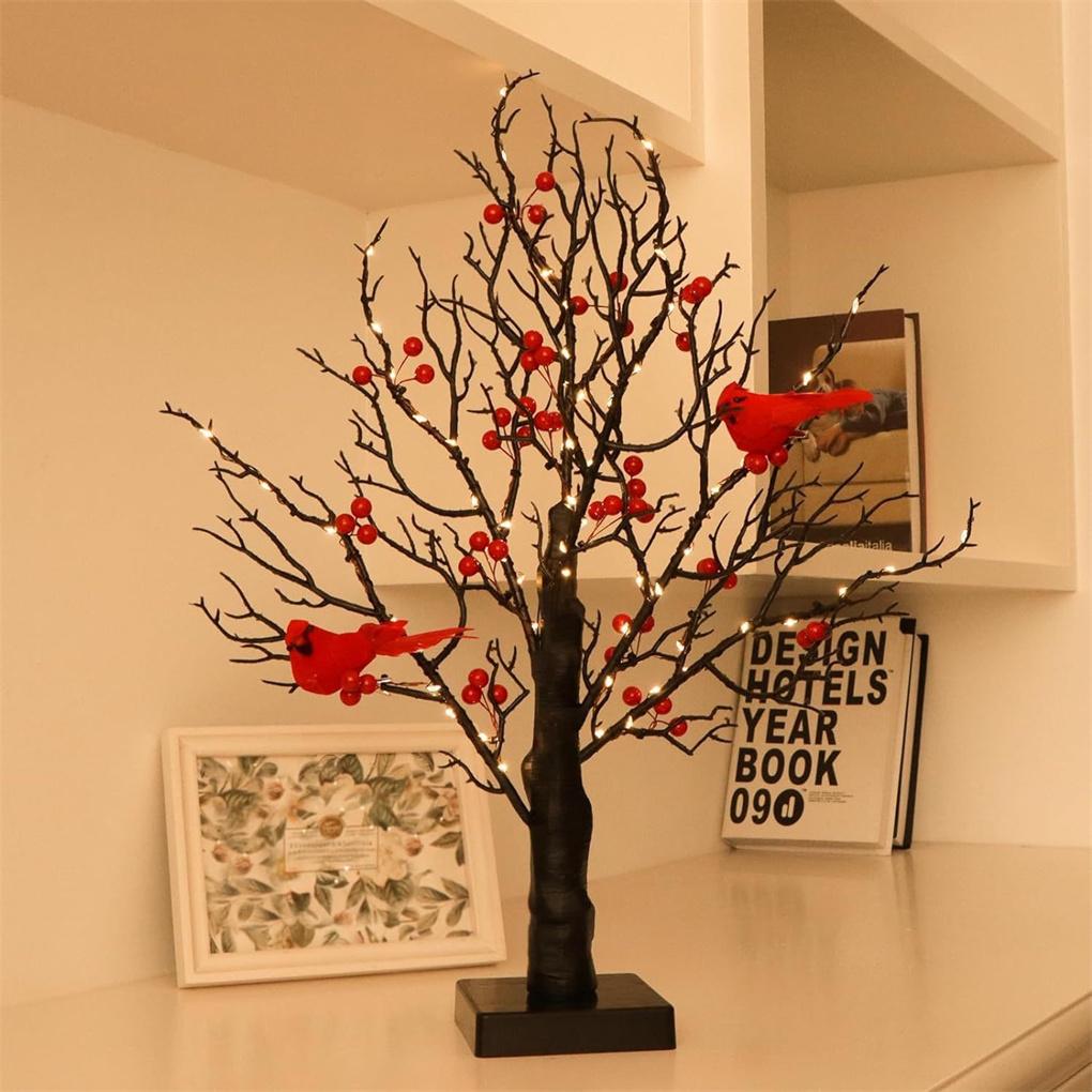 2025 60 LED Black Artificial Birch Lighting With Red Berry And Bird Parrots Battery Operated Tabletop Mini Artificial Tree Lamp