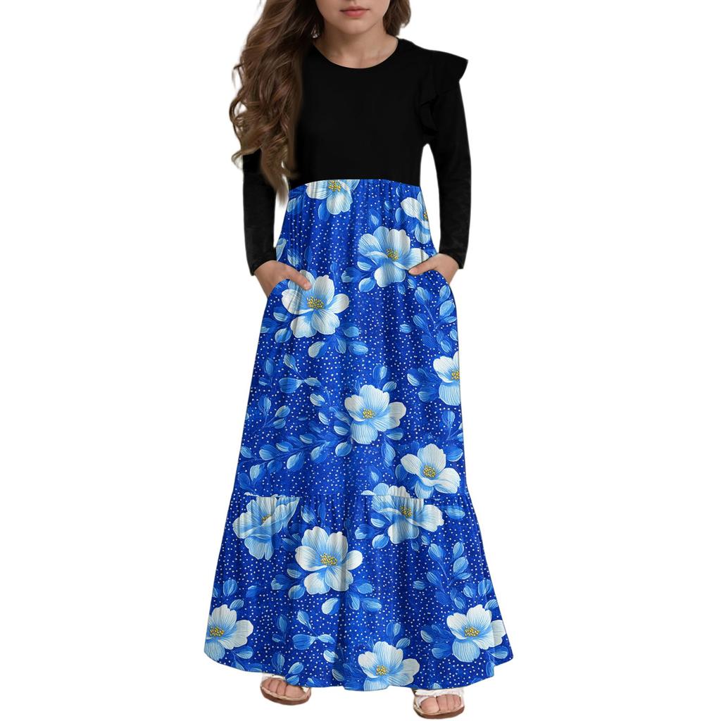 Girls' Tiered Ruffle Dress - Long Sleeve Printed Maxi With Pockets