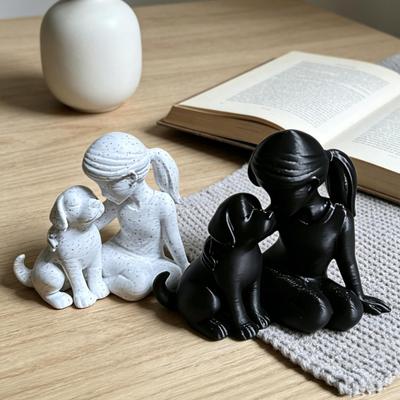 Girl And Dog Statue Nordic Style Desktop Girl Dog Figurine for Bedroom Living Room Home Office Shelf Desk Decor
