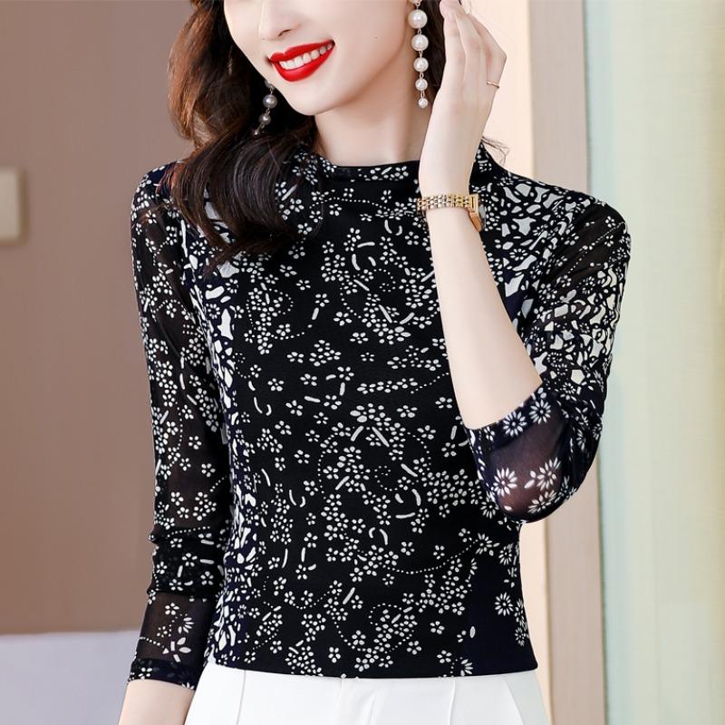 Dámské základní tričko ze síťoviny s potiskem s vysokým límcem na podzim, top s dlouhým rukávem, stylové, všestranné, elastické, slim fit tričko