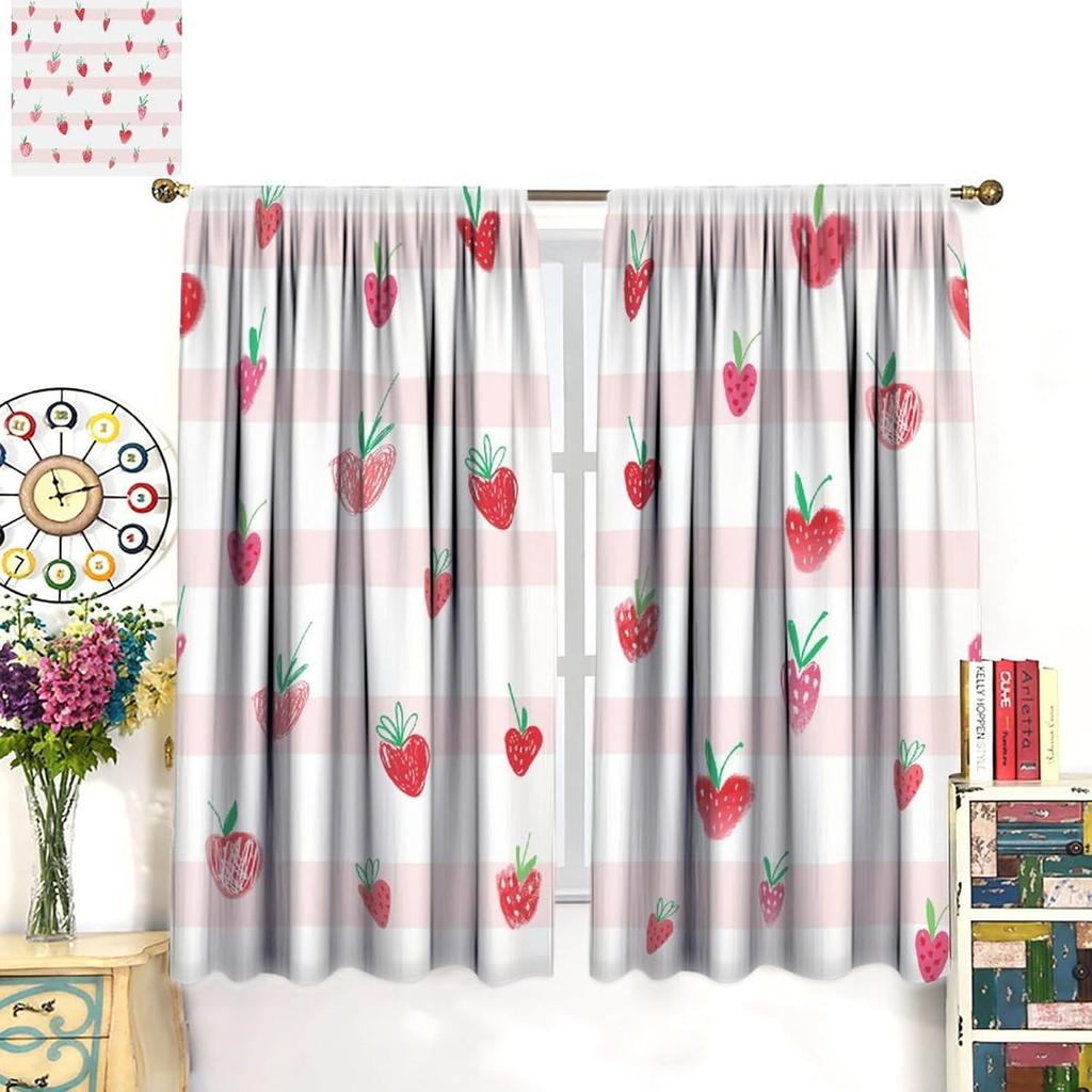 Boho Strawberries Curtains Cute Pink Bohemia Fruit Rod Pocket Blackout Window Treatment for Kitchen Living Room Girls Woman Room