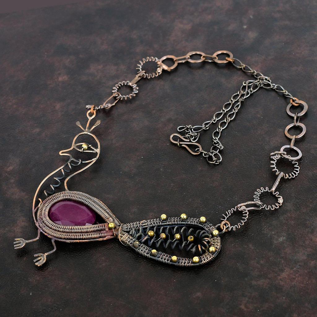 Faceted Kashmir Ruby Necklace Copper Wire Wrapped Adjustable Chain Necklace Copper Wire Jewelry Peacock Necklace Gemstone Necklace For Gifts