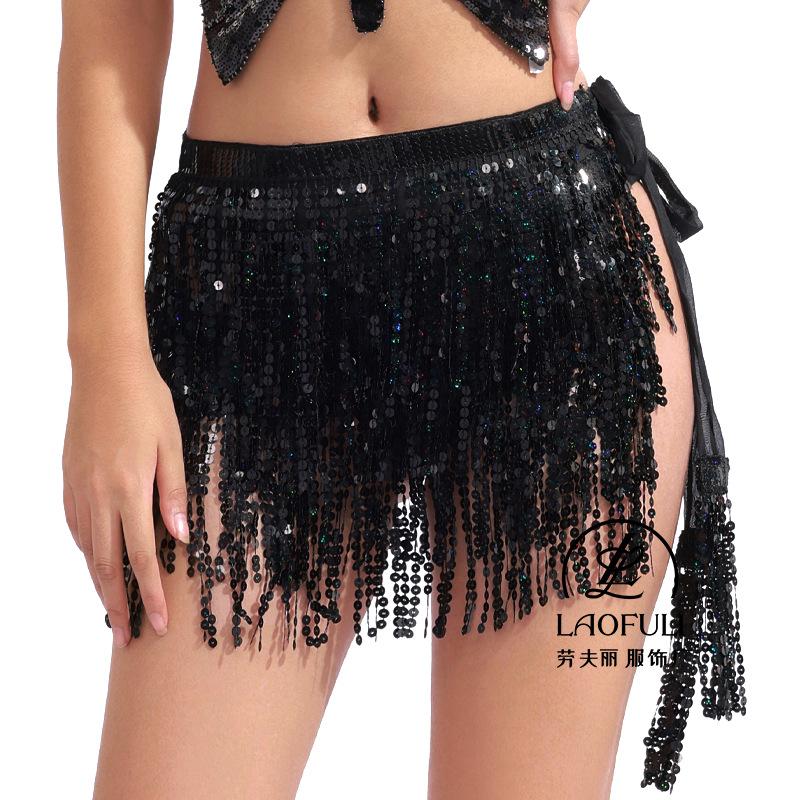 Women's Elastic Waist Sequin Fringe Mini Skirt Loose Fit Chiffon Dance Hip Scarf Belly Dance Performance Party Wrap Skirt