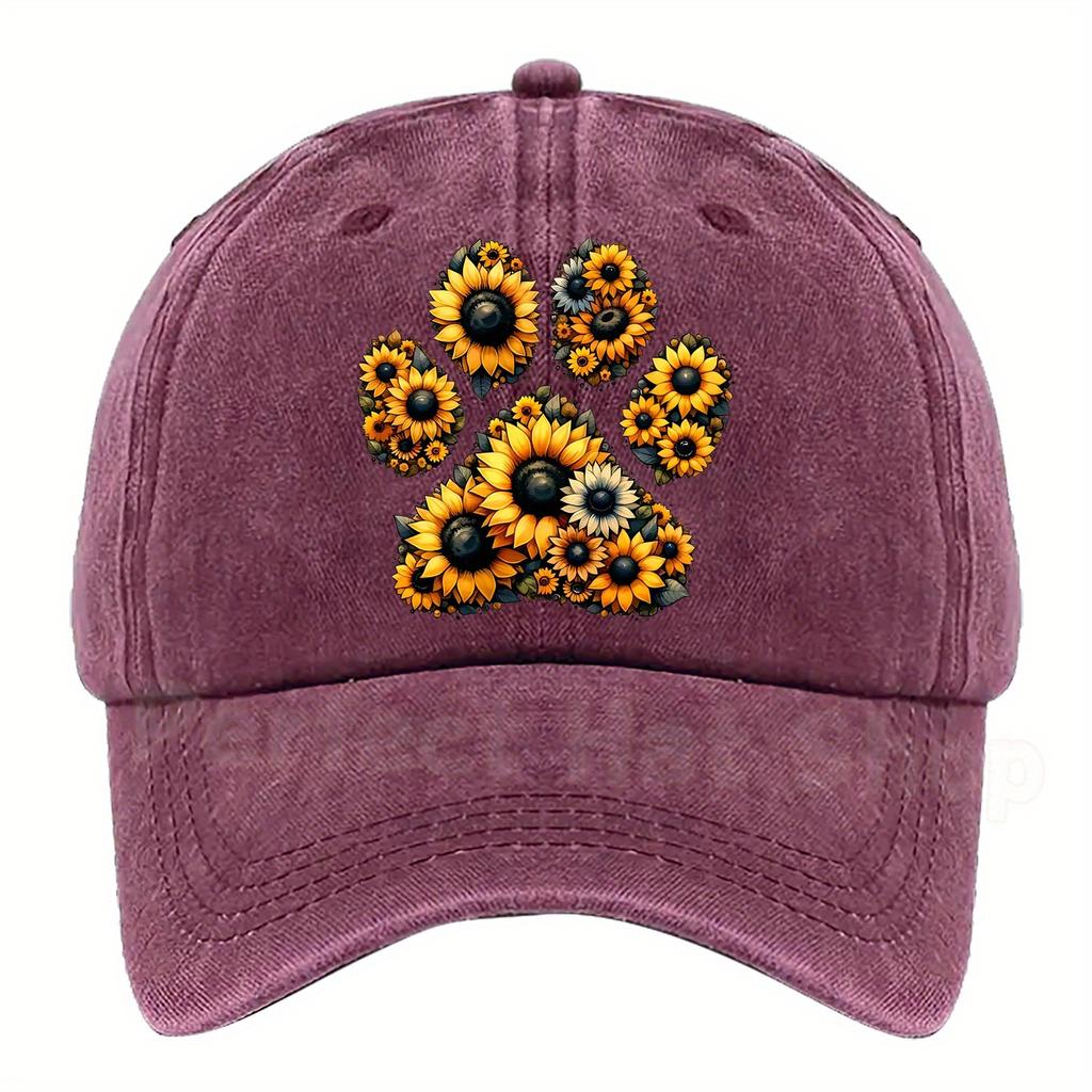 Adjustable Sunflower Paw Print Baseball Cap  Lightweight Machine Washable Cotton Multiple Colors Available for Casual Wear
