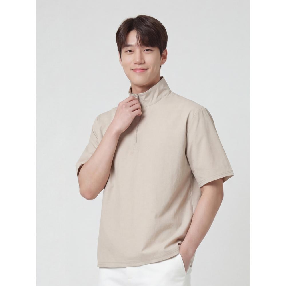 Daiso [common] NyLon Span HaLf Zip Tee L Ivory