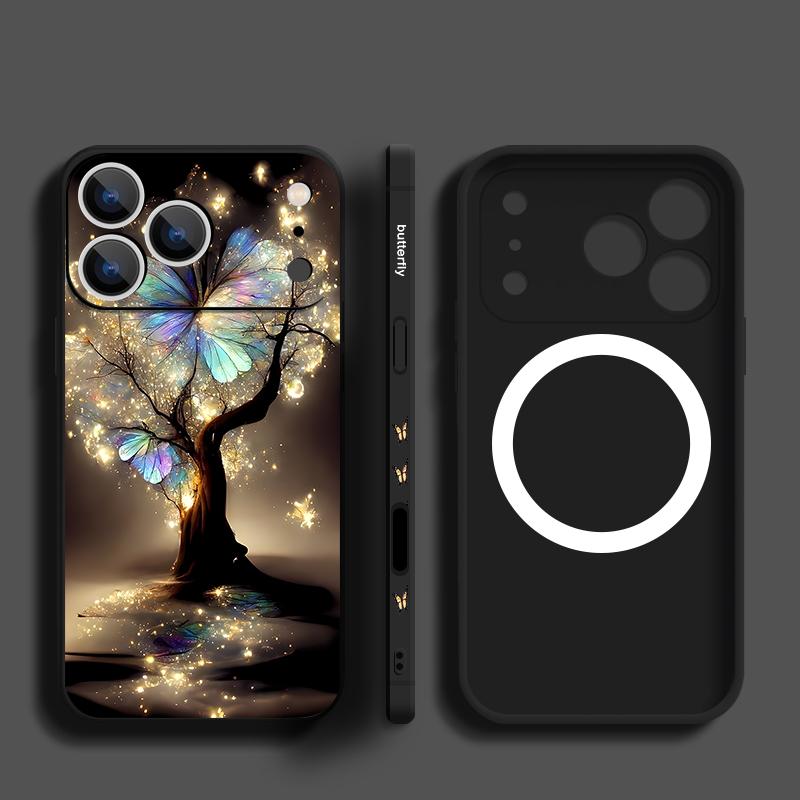 Shining Fantasy Tree Butterfly Case For iPhone 17 Pro Max Magnetic For Magsafe Silicone Cover For iPhone 16 Pro Max Funda iPhone 15 14 13 12 11 16E