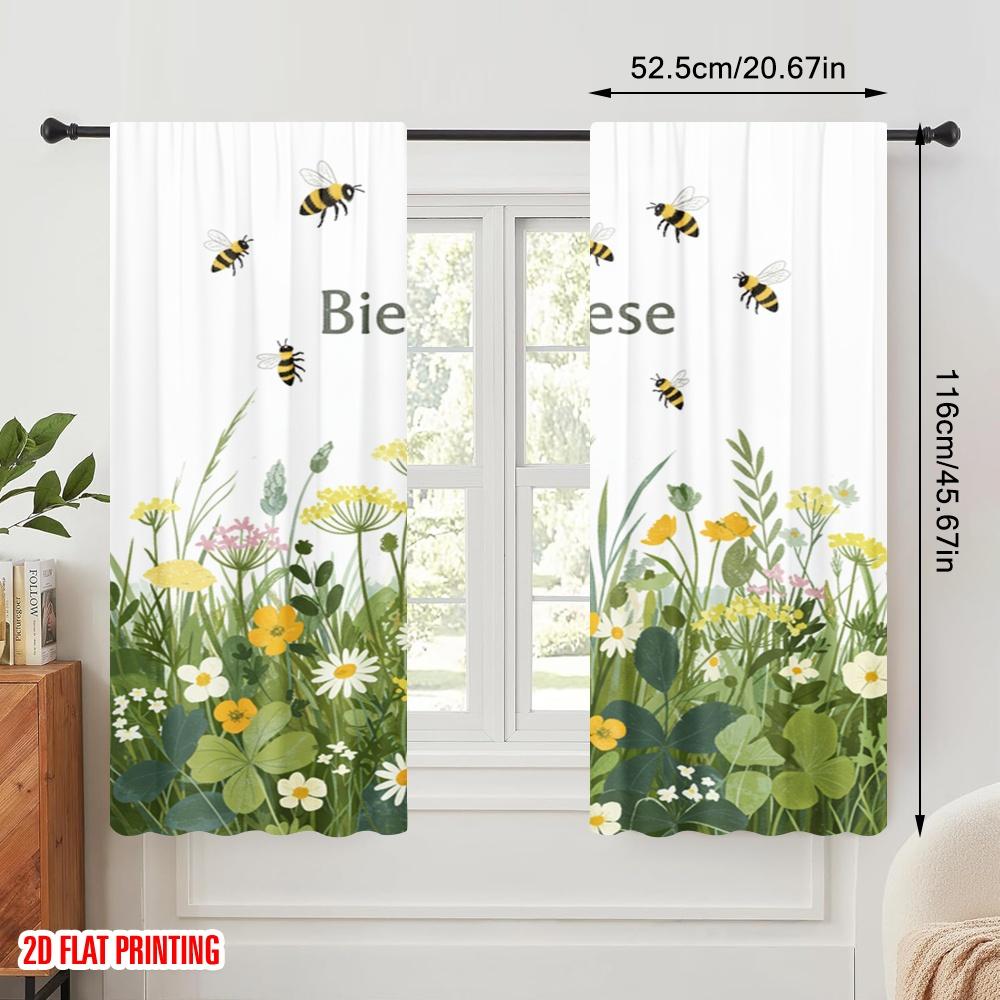 2 Stück 2D-Flachdruck Fensterbehandlung Vorhänge Bienenwiese Blumen Bienen Polyester Ohne Strom 0 für Alle Anlässe