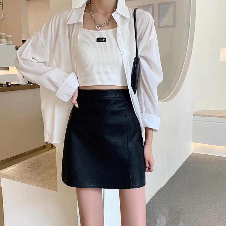 

2024 Plus Size A-Line High-Waisted Leather Midi Skirt for Women - Hip-Hiding Slit Skirt, Petite & Curvy Fit, Autumn/Winter Collection M [Suitable for 90-104 lbs]