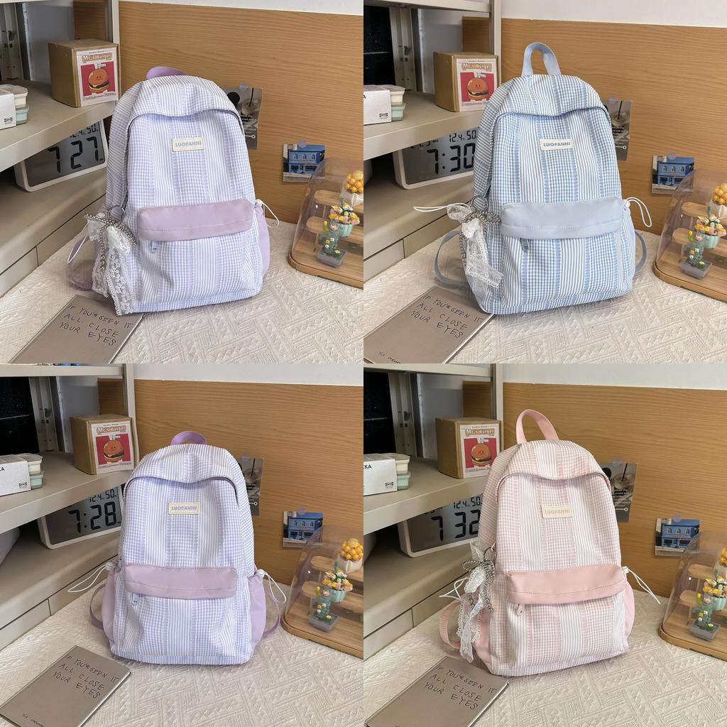 Zaino Studentesco in Nylon con Fantasia a Quadri e Spallacci Curvi per Viaggi Casual