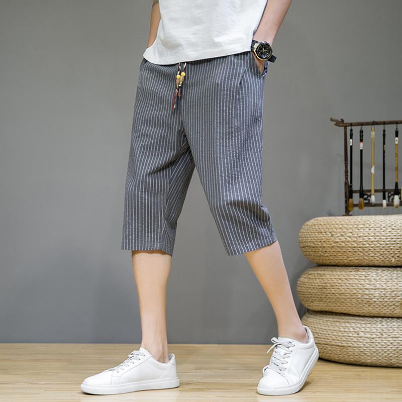 Men's Casual Versatile Striped Summer Sports Cropped Breeches Mid-trousers Loose Cotton Linen Beach Pants